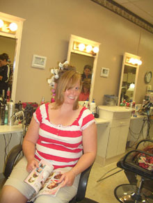 Bridesmaid Becky getting her hair done