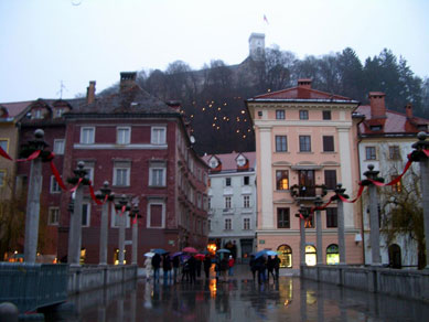 Looking up at the hillside castle in Ljubljana